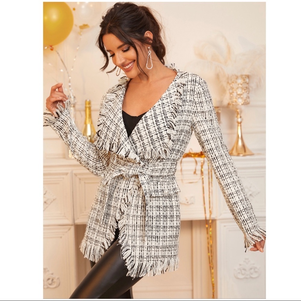 Raw Trim Belted Tweed Wrap Coat